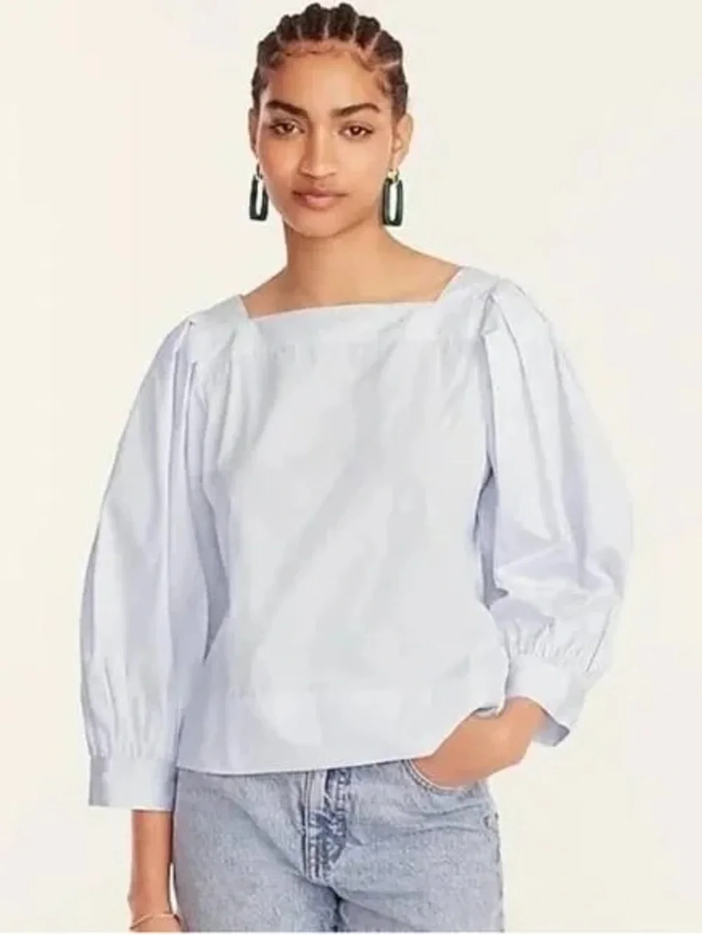 Thomas Mason for J. Crew Light Blue Striped Square-Neck Puff Sleeve Blouse Small